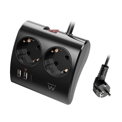 [AELREG0120] EWENT EW3871 Regleta 2  Shucko 2 Usb-A 1 Usb-C Neg