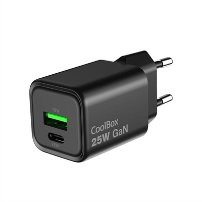 [AATCAT0536] COOLBOX Cargador Gan 25W USB-A/USB-C Pared Negro
